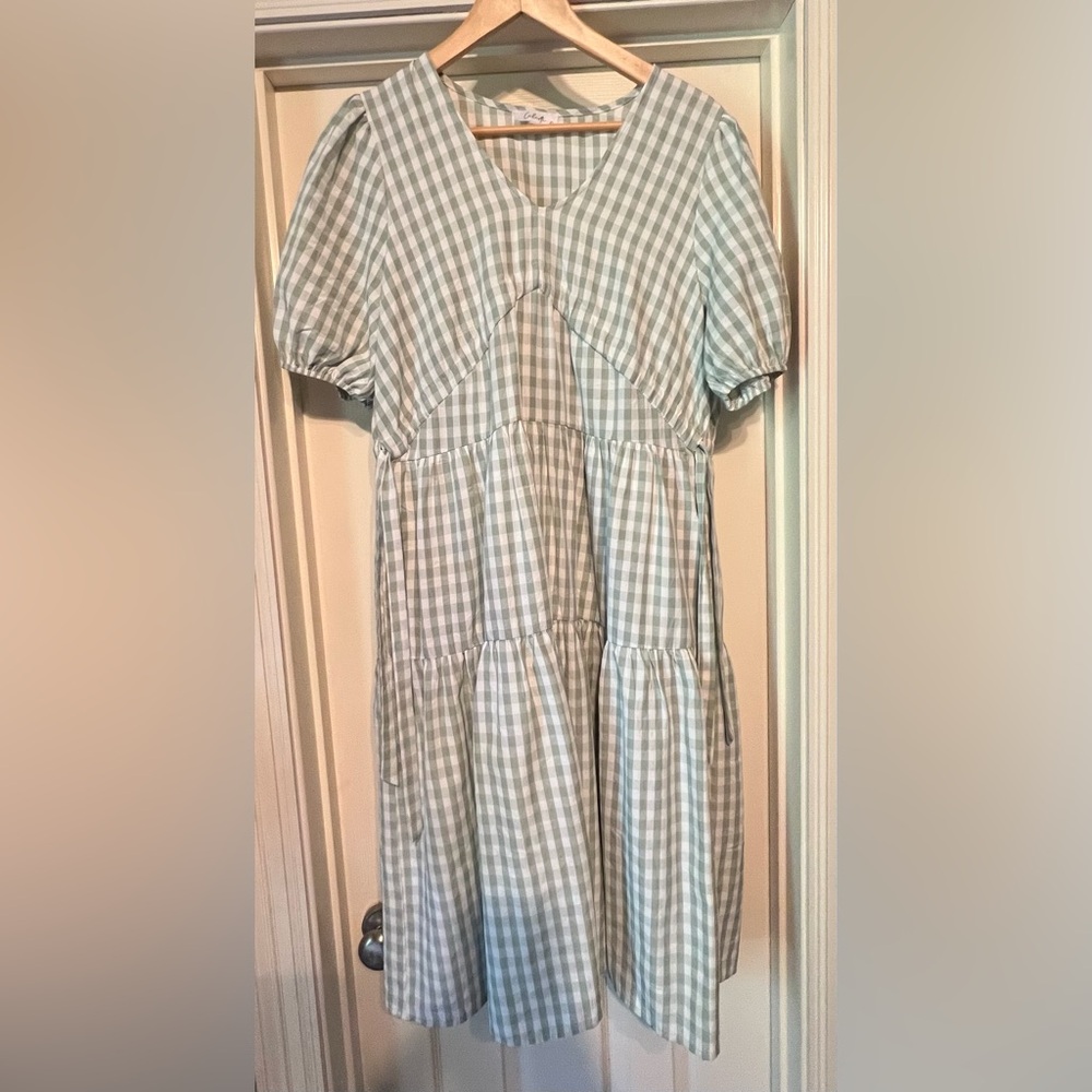 Calinta Women’s White and Green Gingham Side Tie Midi Dress